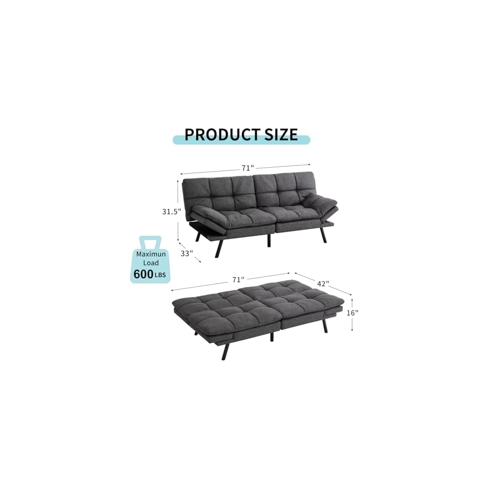 MUUEGM Futon Sofa Bed Couch,Convertible Futon Sofa Couch,Loveseat Sleeper Sofa Bed,Modern Sofa Bed for Living Room,Office,Apartment,71″Fabric Futon Couch with Adjustable Backrest,Grey