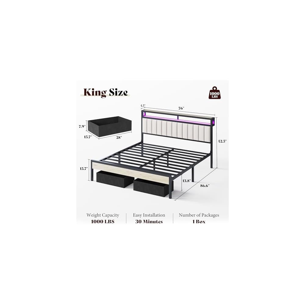 AMERLIFE King Bed Frame with LED Lights & 2-Tier Storage Headboard