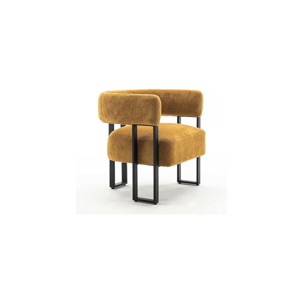 YOUNIKE Accent Chair Caramel Upholstered Teddy Velvet Single Sofa Modern Corner Round Padded Armrest Club Boucle Armchair for Living Room Bedroom Office Hotel Lounge Nursery Apartment Black Metal