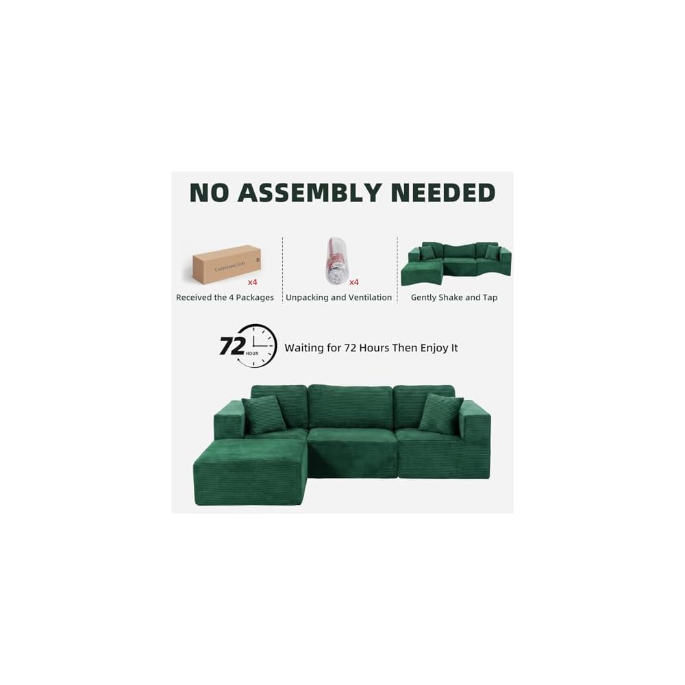 Boneless Couch, 107" Corduroy Cloud Sectional Couch with Ottoman, Green