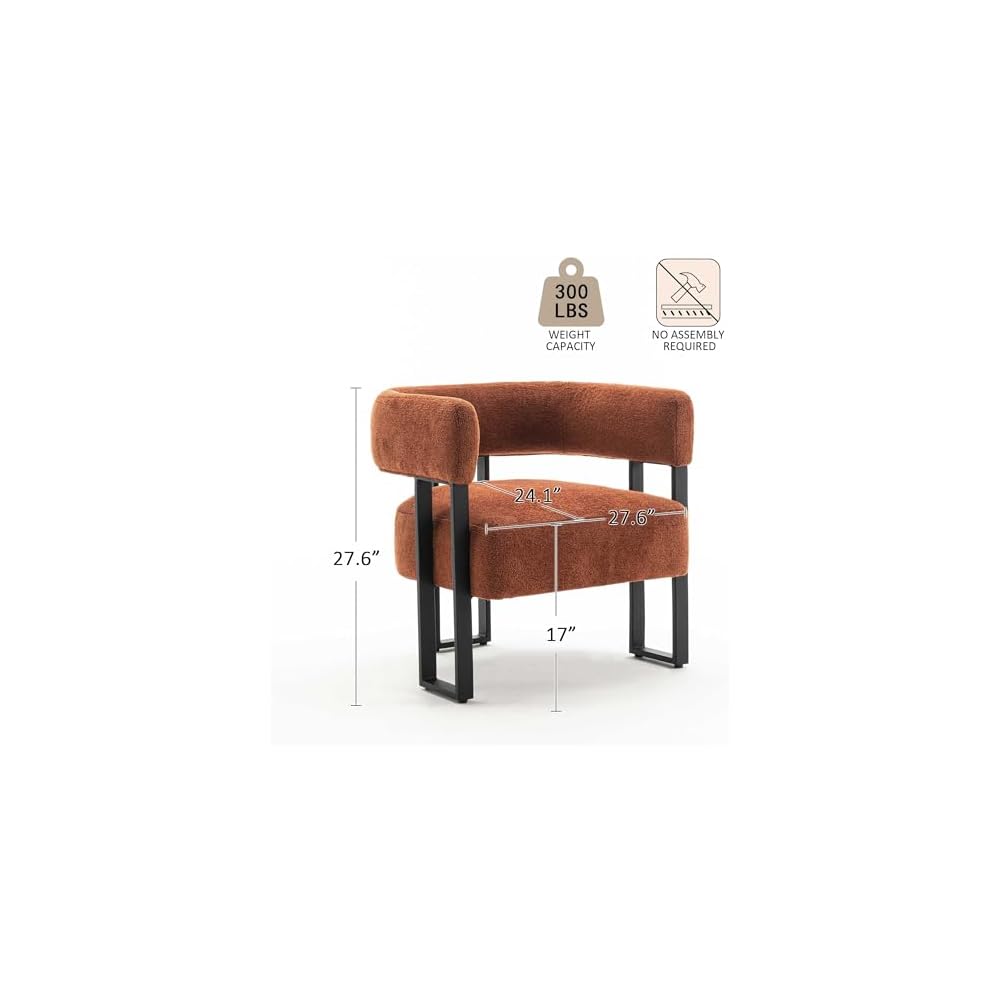 YOUNIKE Accent Chair Caramel Upholstered Teddy Velvet Single Sofa Modern Corner Round Padded Armrest Club Boucle Armchair for Living Room Bedroom Office Hotel Lounge Nursery Apartment Black Metal