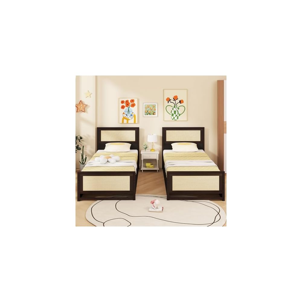 GIANTEX Rattan Bed Frame with 2 Storage Drawers, Twin Size Boho Platform Beds w/Headboard & Footboard, Wood Mattress Foundation, Twin Bed Frames for Kids Adults, No Box Spring Needed (Espresso, Twin)