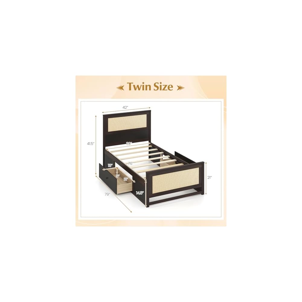 GIANTEX Rattan Bed Frame with 2 Storage Drawers, Twin Size Boho Platform Beds w/Headboard & Footboard, Wood Mattress Foundation, Twin Bed Frames for Kids Adults, No Box Spring Needed (Espresso, Twin)
