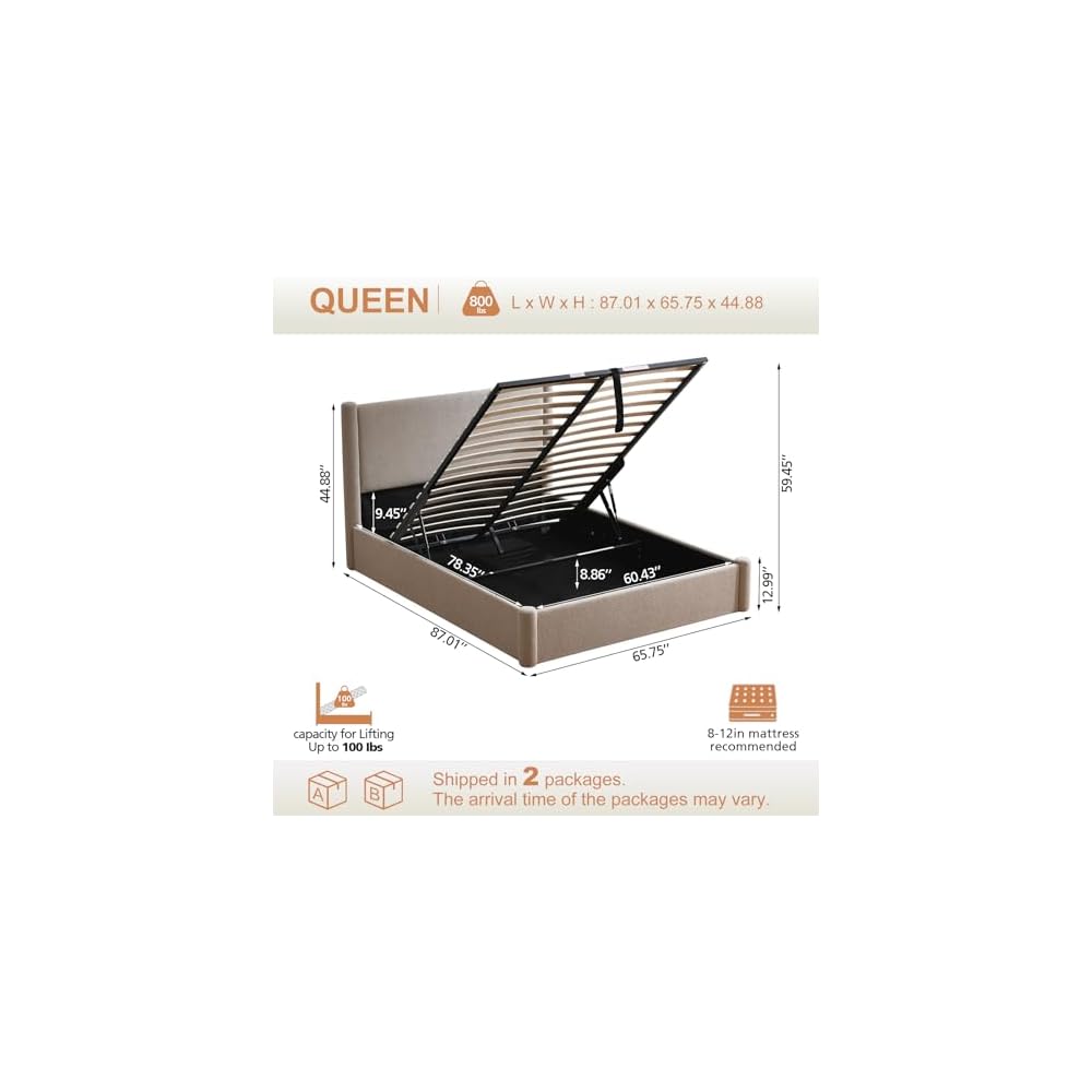 VELOCAVA Queen Lift Up Storage Bed Frame, 44.88" Tall Upholstered Headboard, Soft Rounded Corner Design, Bouclé Texture Platform Bed with Hydraulic Storage, No Box Spring Needed, Soft Beige
