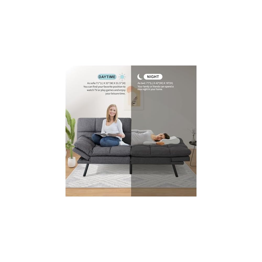 MUUEGM Futon Sofa Bed Couch,Convertible Futon Sofa Couch,Loveseat Sleeper Sofa Bed,Modern Sofa Bed for Living Room,Office,Apartment,71″Fabric Futon Couch with Adjustable Backrest,Grey