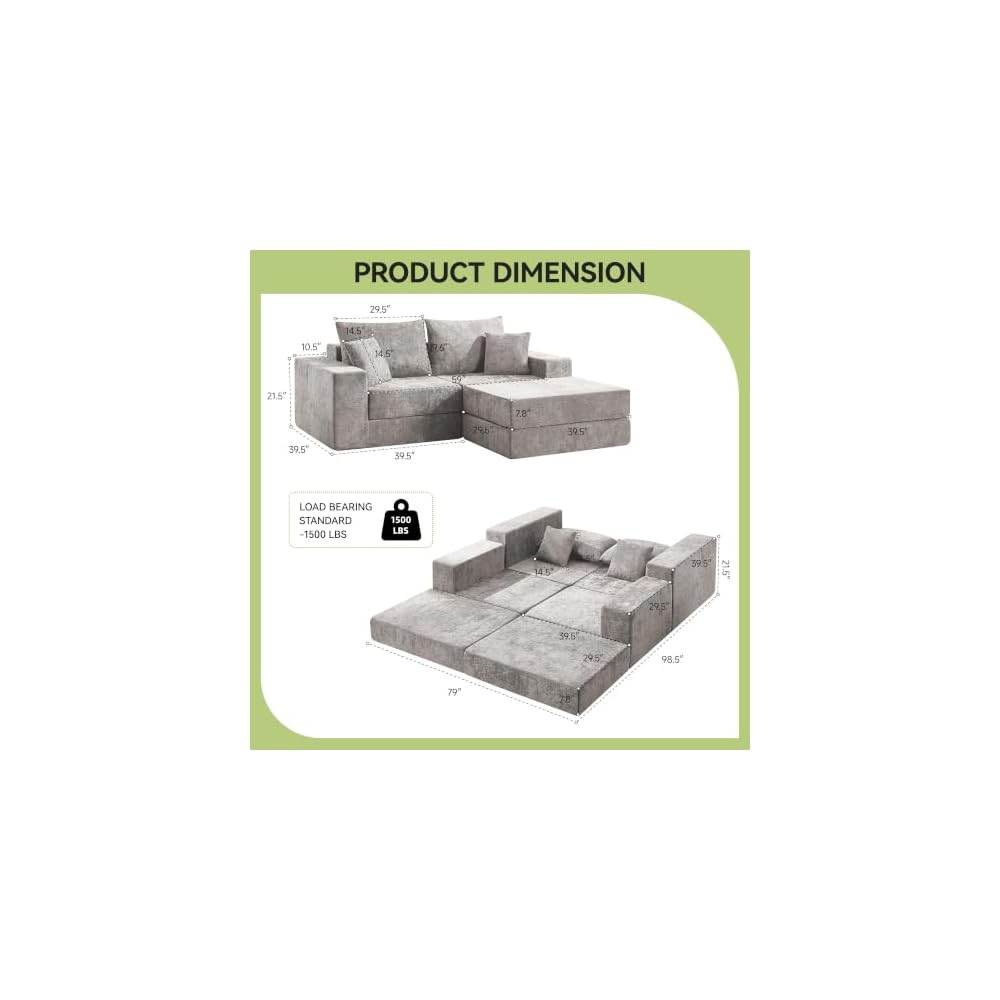 79" Boneless Loveseat Sofa Couch, Modular Foldable Floor Cloud Sofa with Ottoman, Lounge Convertible Sofa Bed for Living Room, No Assembly, Chenille Light Grey