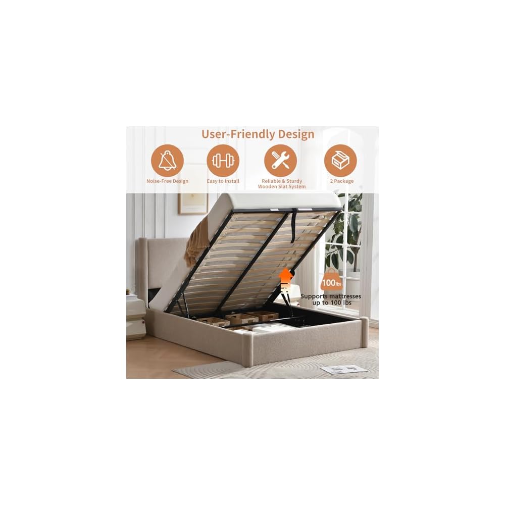 VELOCAVA Queen Lift Up Storage Bed Frame, 44.88" Tall Upholstered Headboard, Soft Rounded Corner Design, Bouclé Texture Platform Bed with Hydraulic Storage, No Box Spring Needed, Soft Beige