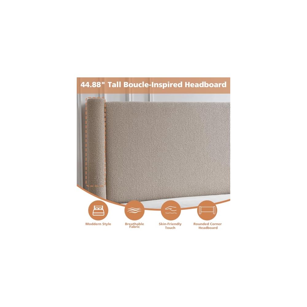 VELOCAVA Queen Lift Up Storage Bed Frame, 44.88" Tall Upholstered Headboard, Soft Rounded Corner Design, Bouclé Texture Platform Bed with Hydraulic Storage, No Box Spring Needed, Soft Beige