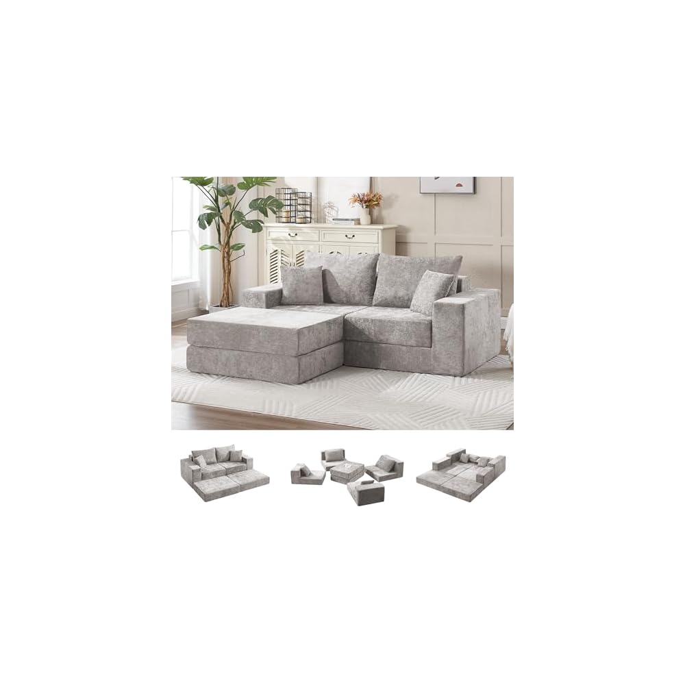 79" Boneless Loveseat Sofa Couch, Modular Foldable Floor Cloud Sofa with Ottoman, Lounge Convertible Sofa Bed for Living Room, No Assembly, Chenille Light Grey