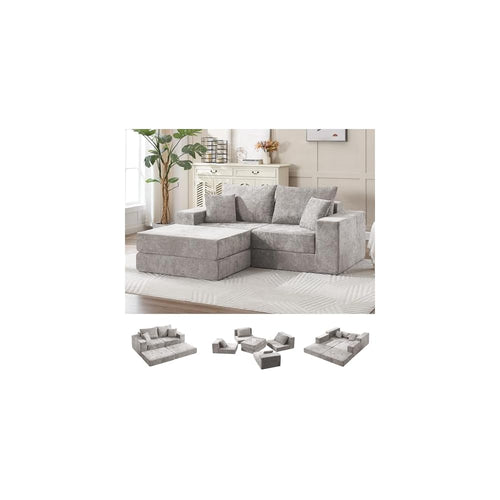 79" Boneless Loveseat Sofa Couch, Modular Foldable Floor Cloud Sofa with Ottoman, Lounge Convertible Sofa Bed for Living Room, No Assembly, Chenille Light Grey