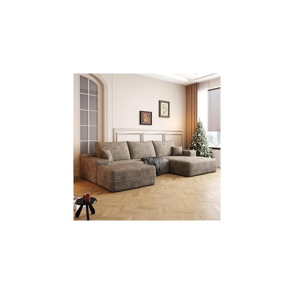 107" Corduroy Modular Sectional Sofa, Free Combination Sleeper Sofa with High‑Resilience Foam, Ergonomic Boneless Lounge Couch for Living Space, Camel
