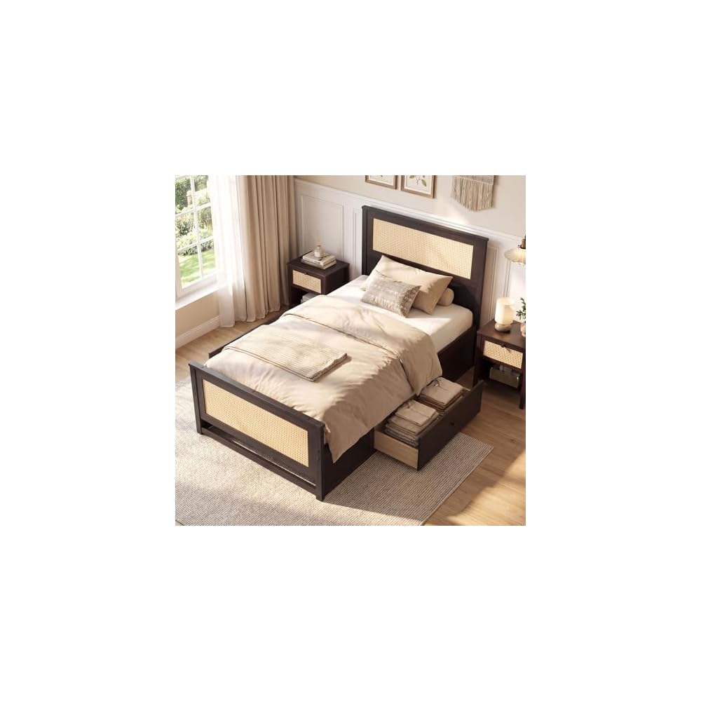 GIANTEX Rattan Bed Frame with 2 Storage Drawers, Twin Size Boho Platform Beds w/Headboard & Footboard, Wood Mattress Foundation, Twin Bed Frames for Kids Adults, No Box Spring Needed (Espresso, Twin)