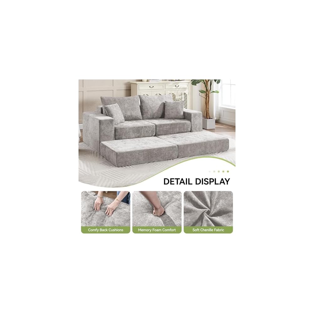 79" Boneless Loveseat Sofa Couch, Modular Foldable Floor Cloud Sofa with Ottoman, Lounge Convertible Sofa Bed for Living Room, No Assembly, Chenille Light Grey