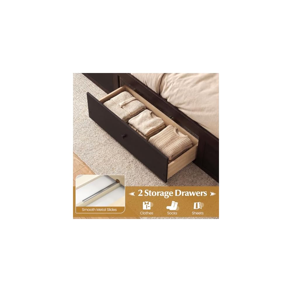GIANTEX Rattan Bed Frame with 2 Storage Drawers, Twin Size Boho Platform Beds w/Headboard & Footboard, Wood Mattress Foundation, Twin Bed Frames for Kids Adults, No Box Spring Needed (Espresso, Twin)