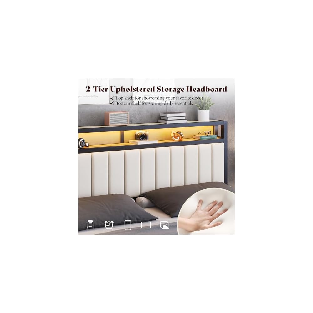 AMERLIFE King Bed Frame with LED Lights & 2-Tier Storage Headboard