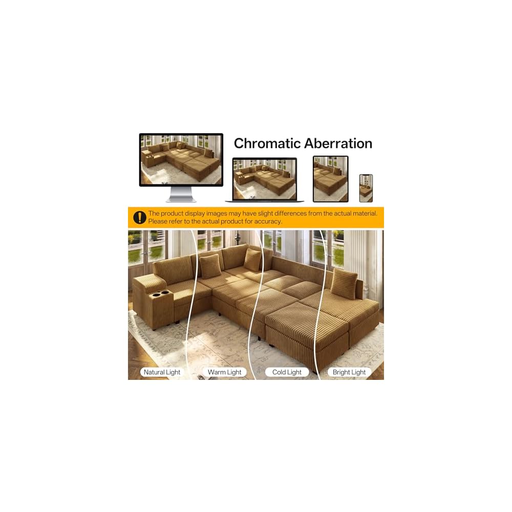 KEIKI 110" L-Shaped Oversized Plush Corduroy Modular Sectional Sofa with Pull-Out Bed, Convertible 6-Seater Sleeper Couch Bed with 1 Ottomans & USB & Cup Holders, Easy Assembly, for Living Room, Camel