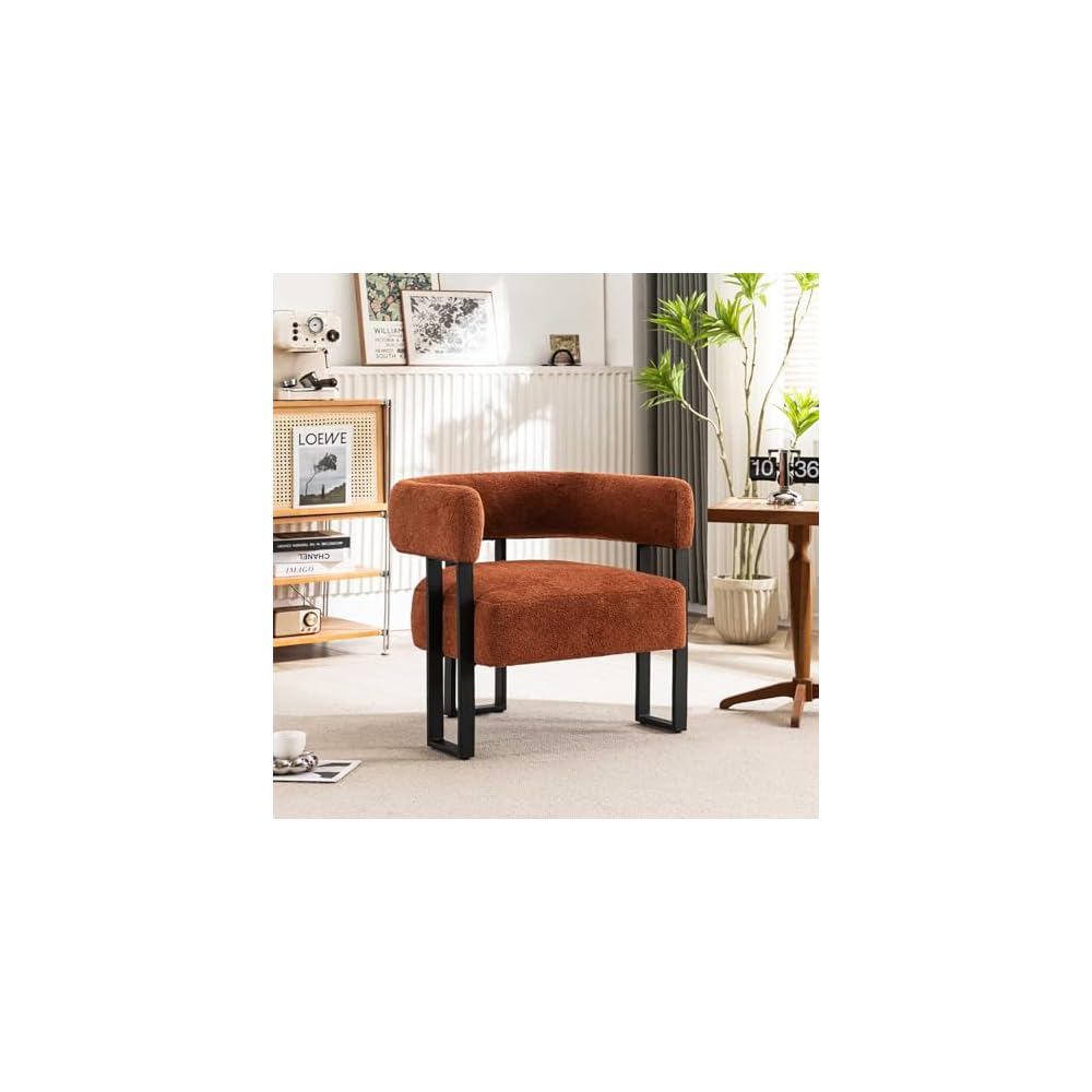 YOUNIKE Accent Chair Caramel Upholstered Teddy Velvet Single Sofa Modern Corner Round Padded Armrest Club Boucle Armchair for Living Room Bedroom Office Hotel Lounge Nursery Apartment Black Metal