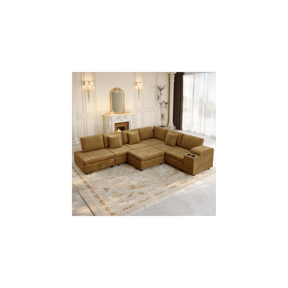 KEIKI 110" L-Shaped Oversized Plush Corduroy Modular Sectional Sofa with Pull-Out Bed, Convertible 6-Seater Sleeper Couch Bed with 1 Ottomans & USB & Cup Holders, Easy Assembly, for Living Room, Camel