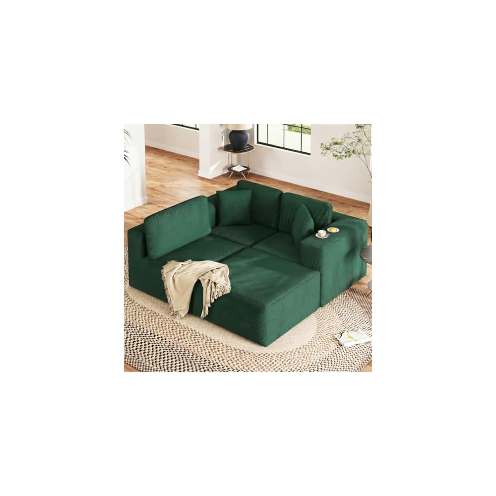 Boneless Couch, 107" Corduroy Cloud Sectional Couch with Ottoman, Green