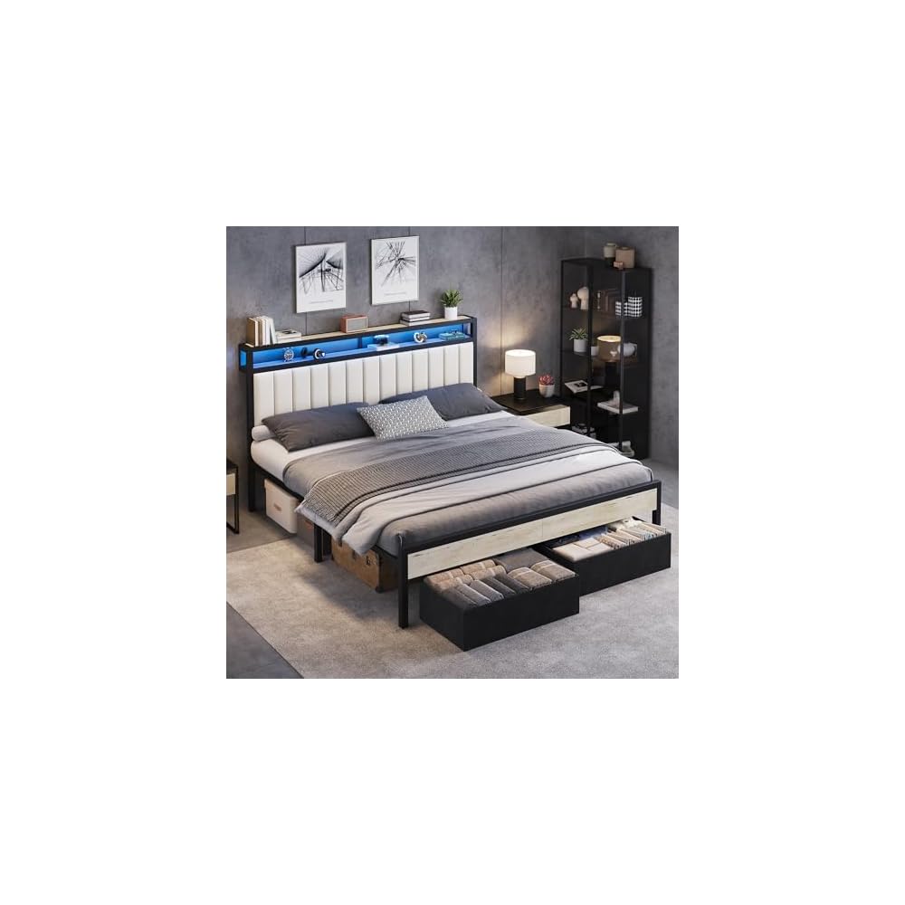 AMERLIFE King Bed Frame with LED Lights & 2-Tier Storage Headboard
