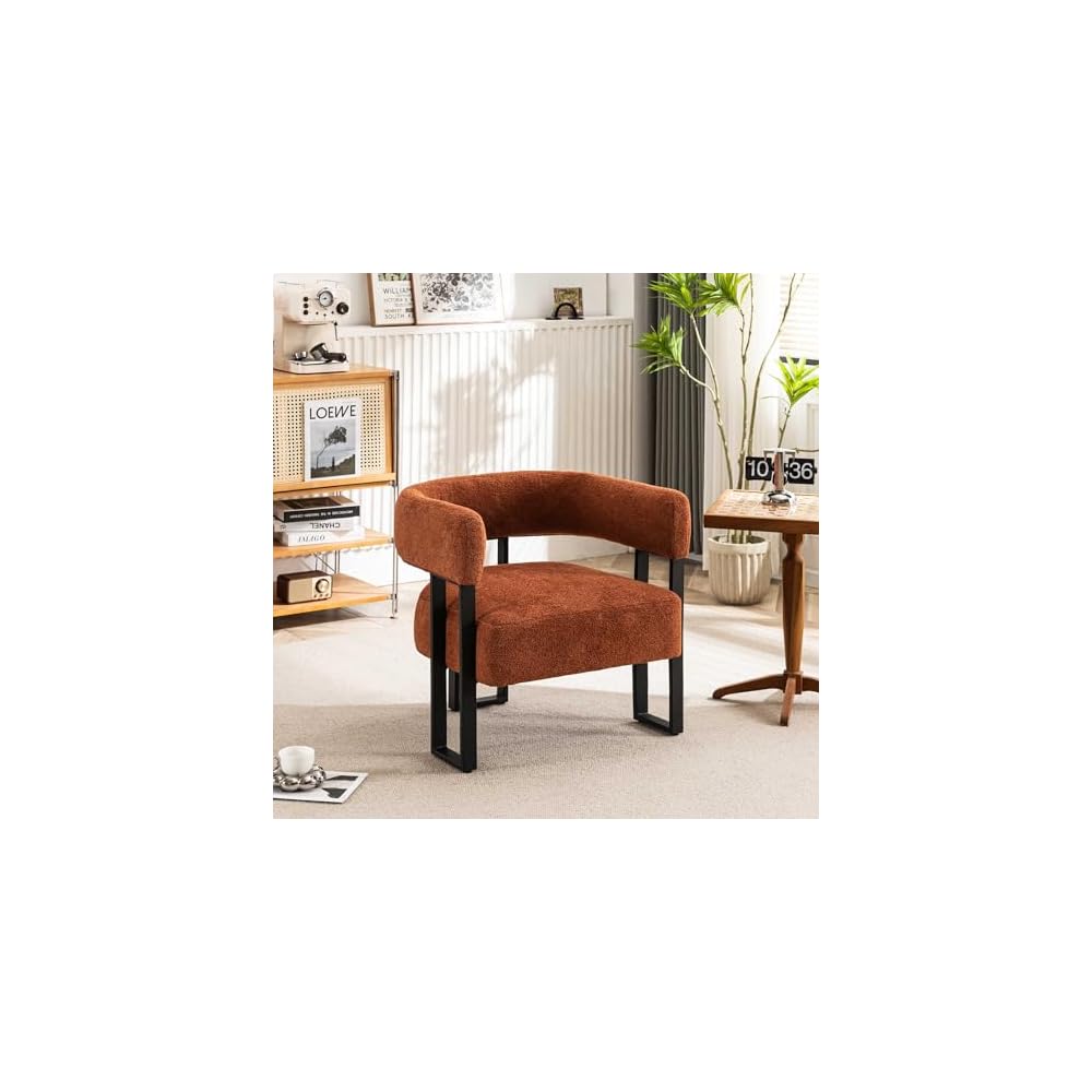 YOUNIKE Accent Chair Caramel Upholstered Teddy Velvet Single Sofa Modern Corner Round Padded Armrest Club Boucle Armchair for Living Room Bedroom Office Hotel Lounge Nursery Apartment Black Metal