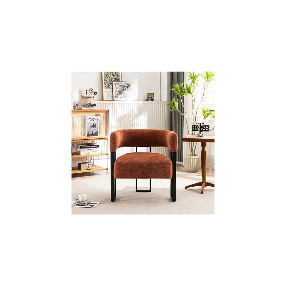 YOUNIKE Accent Chair Caramel Upholstered Teddy Velvet Single Sofa Modern Corner Round Padded Armrest Club Boucle Armchair for Living Room Bedroom Office Hotel Lounge Nursery Apartment Black Metal