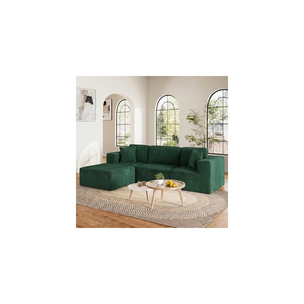 Boneless Couch, 107" Corduroy Cloud Sectional Couch with Ottoman, Green