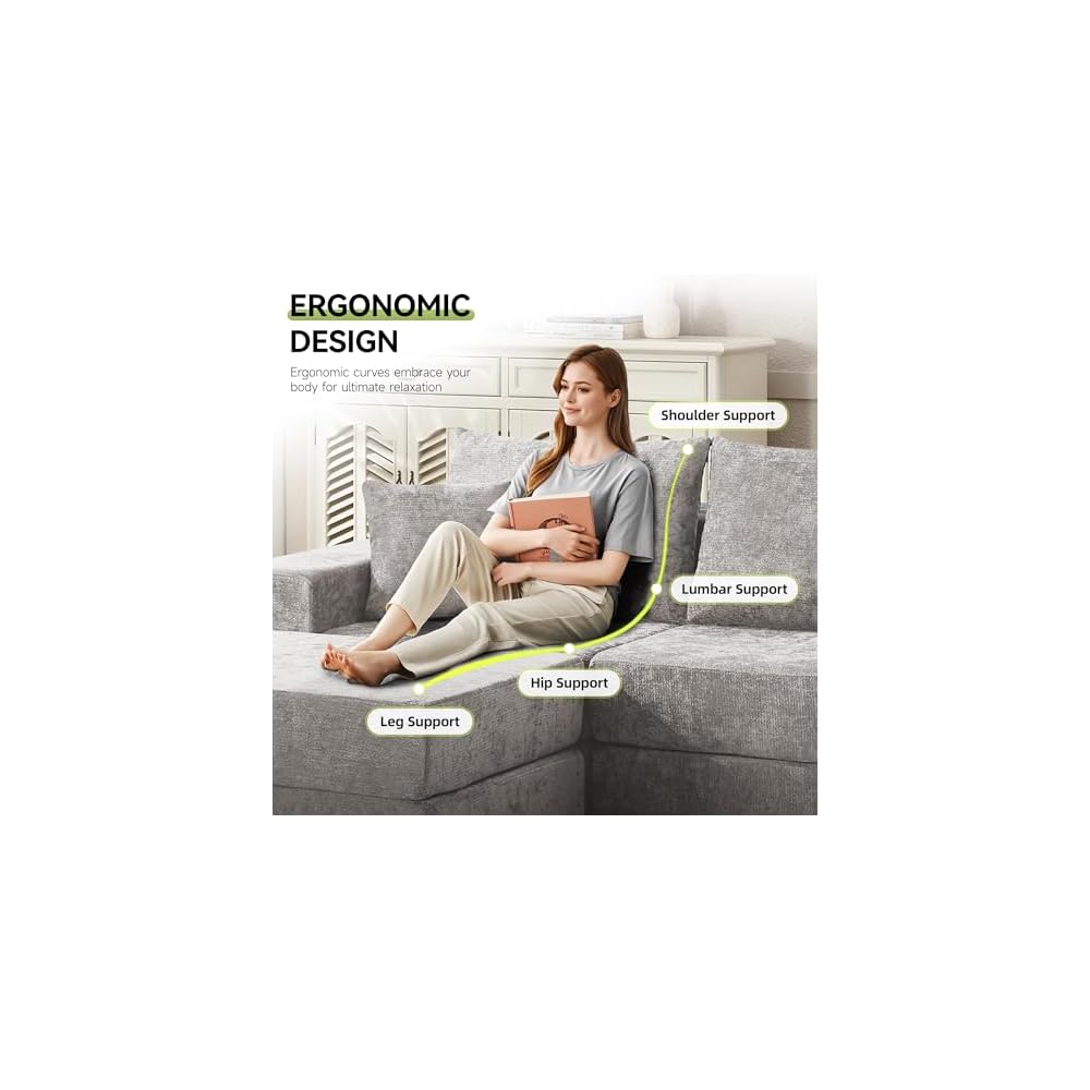 79" Boneless Loveseat Sofa Couch, Modular Foldable Floor Cloud Sofa with Ottoman, Lounge Convertible Sofa Bed for Living Room, No Assembly, Chenille Light Grey