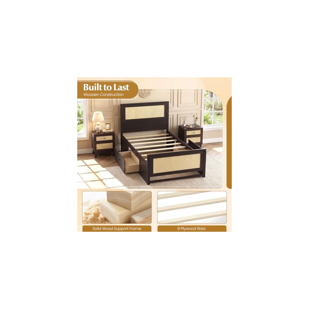 GIANTEX Rattan Bed Frame with 2 Storage Drawers, Twin Size Boho Platform Beds w/Headboard & Footboard, Wood Mattress Foundation, Twin Bed Frames for Kids Adults, No Box Spring Needed (Espresso, Twin)