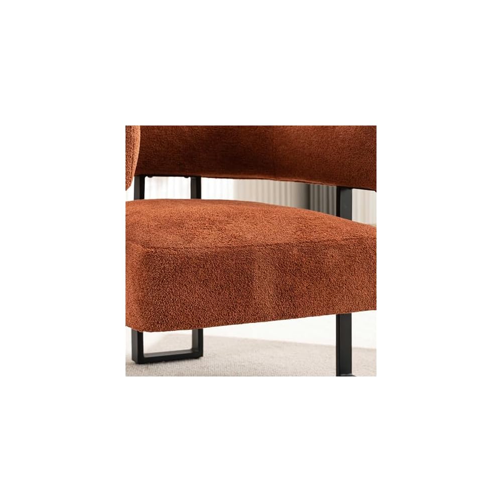 YOUNIKE Accent Chair Caramel Upholstered Teddy Velvet Single Sofa Modern Corner Round Padded Armrest Club Boucle Armchair for Living Room Bedroom Office Hotel Lounge Nursery Apartment Black Metal