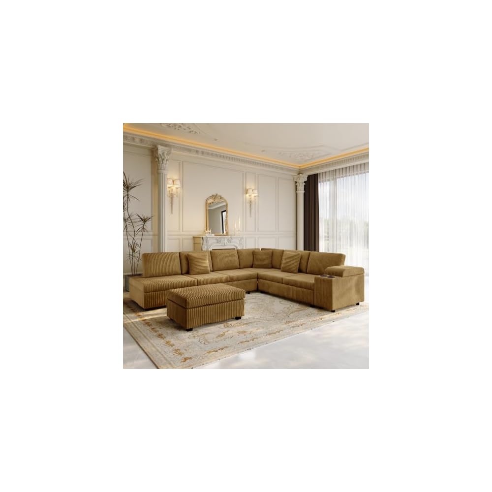 KEIKI 110" L-Shaped Oversized Plush Corduroy Modular Sectional Sofa with Pull-Out Bed, Convertible 6-Seater Sleeper Couch Bed with 1 Ottomans & USB & Cup Holders, Easy Assembly, for Living Room, Camel