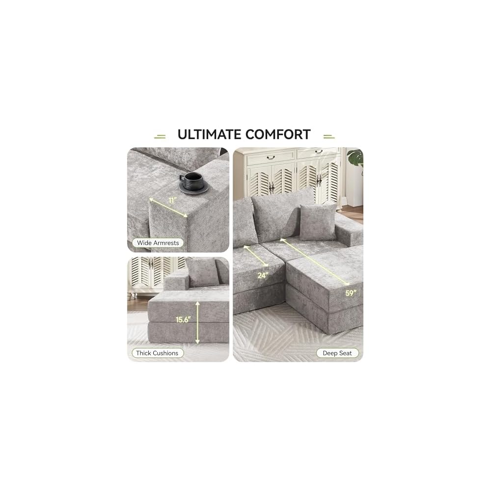 79" Boneless Loveseat Sofa Couch, Modular Foldable Floor Cloud Sofa with Ottoman, Lounge Convertible Sofa Bed for Living Room, No Assembly, Chenille Light Grey