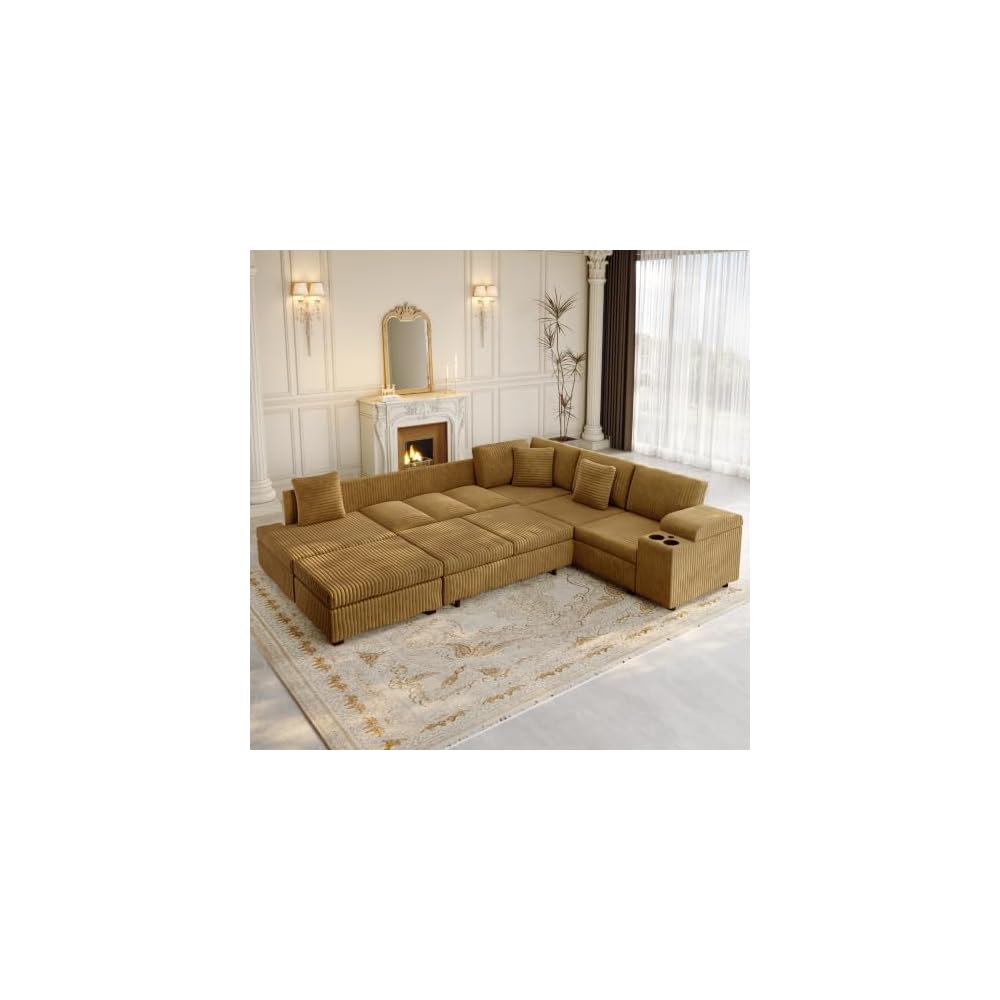 KEIKI 110" L-Shaped Oversized Plush Corduroy Modular Sectional Sofa with Pull-Out Bed, Convertible 6-Seater Sleeper Couch Bed with 1 Ottomans & USB & Cup Holders, Easy Assembly, for Living Room, Camel