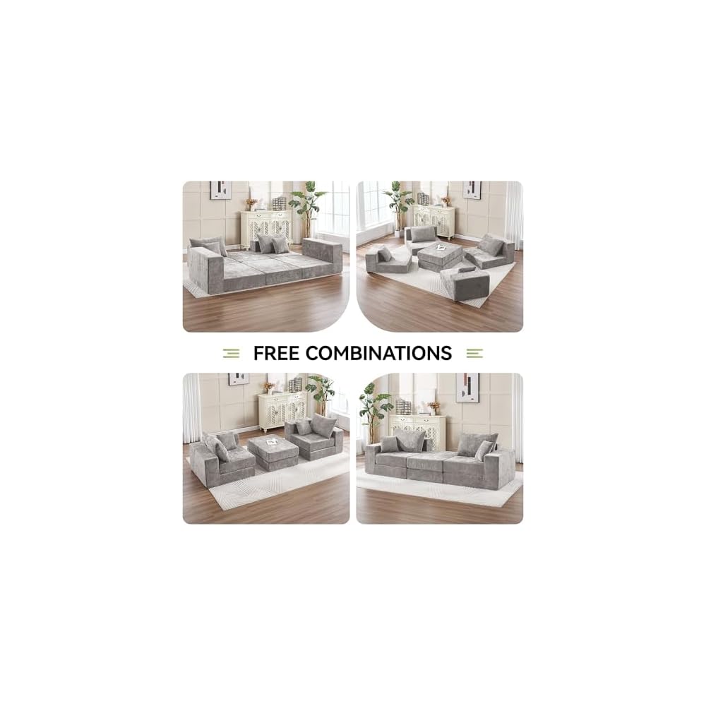 79" Boneless Loveseat Sofa Couch, Modular Foldable Floor Cloud Sofa with Ottoman, Lounge Convertible Sofa Bed for Living Room, No Assembly, Chenille Light Grey