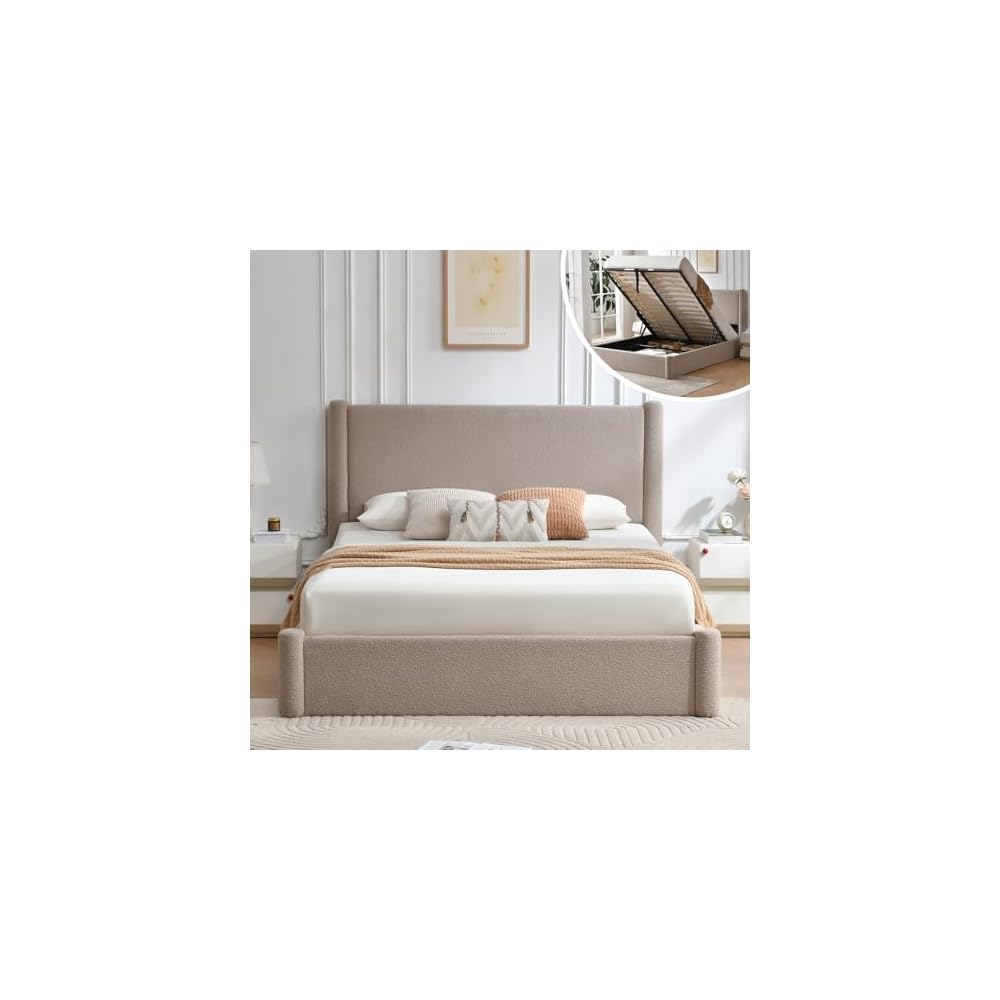 VELOCAVA Queen Lift Up Storage Bed Frame, 44.88" Tall Upholstered Headboard, Soft Rounded Corner Design, Bouclé Texture Platform Bed with Hydraulic Storage, No Box Spring Needed, Soft Beige
