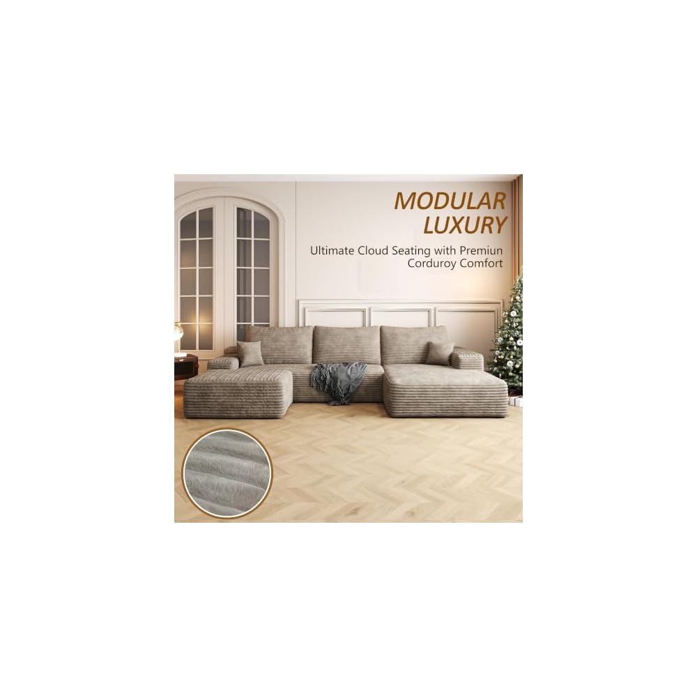 107" Corduroy Modular Sectional Sofa, Free Combination Sleeper Sofa with High‑Resilience Foam, Ergonomic Boneless Lounge Couch for Living Space, Camel
