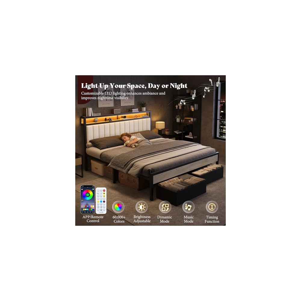 AMERLIFE King Bed Frame with LED Lights & 2-Tier Storage Headboard