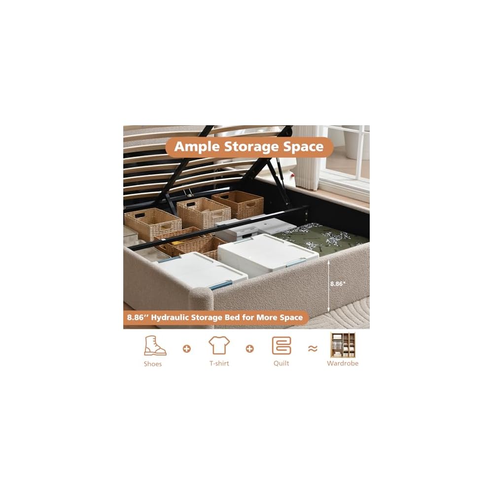 VELOCAVA Queen Lift Up Storage Bed Frame, 44.88" Tall Upholstered Headboard, Soft Rounded Corner Design, Bouclé Texture Platform Bed with Hydraulic Storage, No Box Spring Needed, Soft Beige