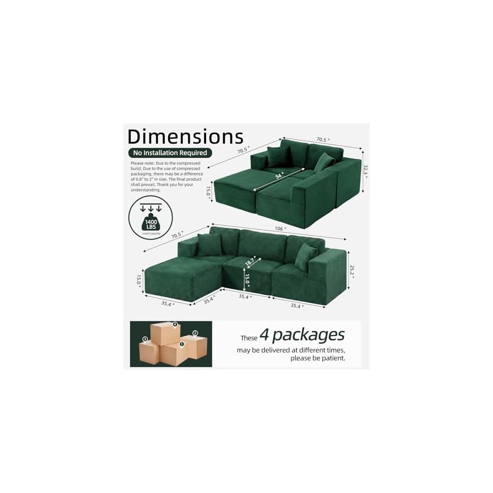 Boneless Couch, 107" Corduroy Cloud Sectional Couch with Ottoman, Green