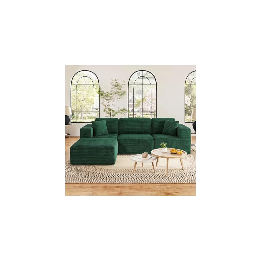 Boneless Couch, 107" Corduroy Cloud Sectional Couch with Ottoman, Green