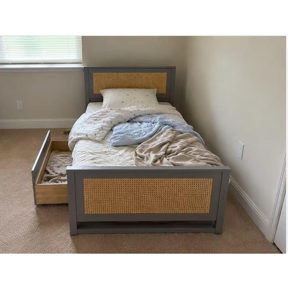 GIANTEX Rattan Bed Frame with 2 Storage Drawers, Twin Size Boho Platform Beds w/Headboard & Footboard, Wood Mattress Foundation, Twin Bed Frames for Kids Adults, No Box Spring Needed (Espresso, Twin)