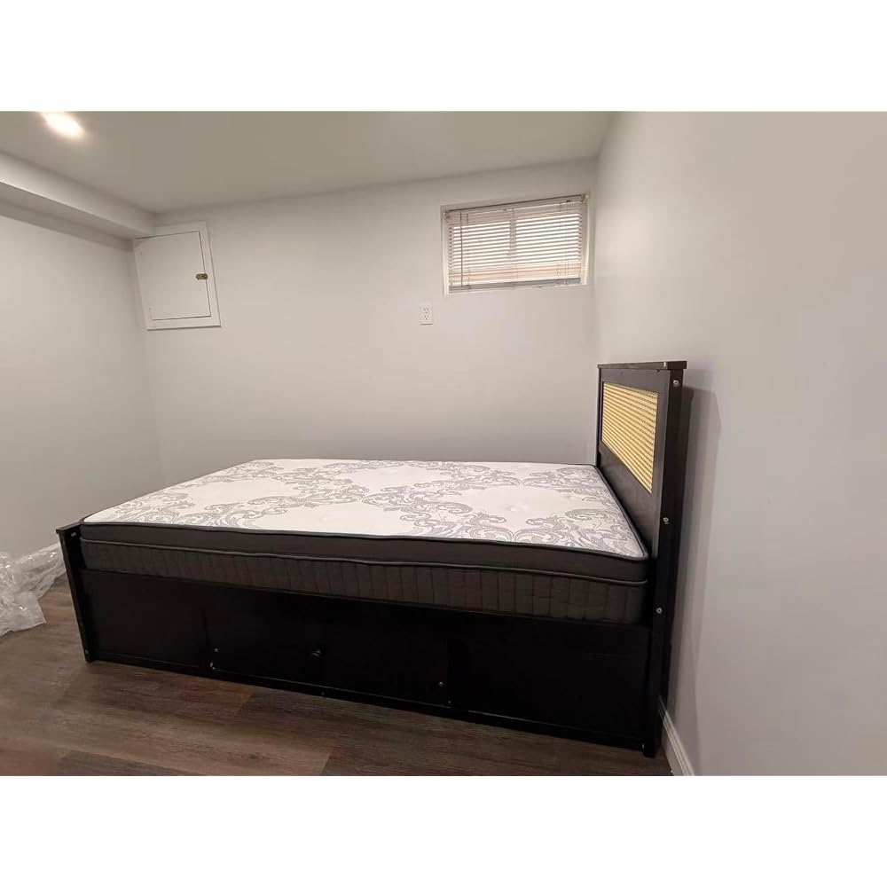 GIANTEX Rattan Bed Frame with 2 Storage Drawers, Twin Size Boho Platform Beds w/Headboard & Footboard, Wood Mattress Foundation, Twin Bed Frames for Kids Adults, No Box Spring Needed (Espresso, Twin)