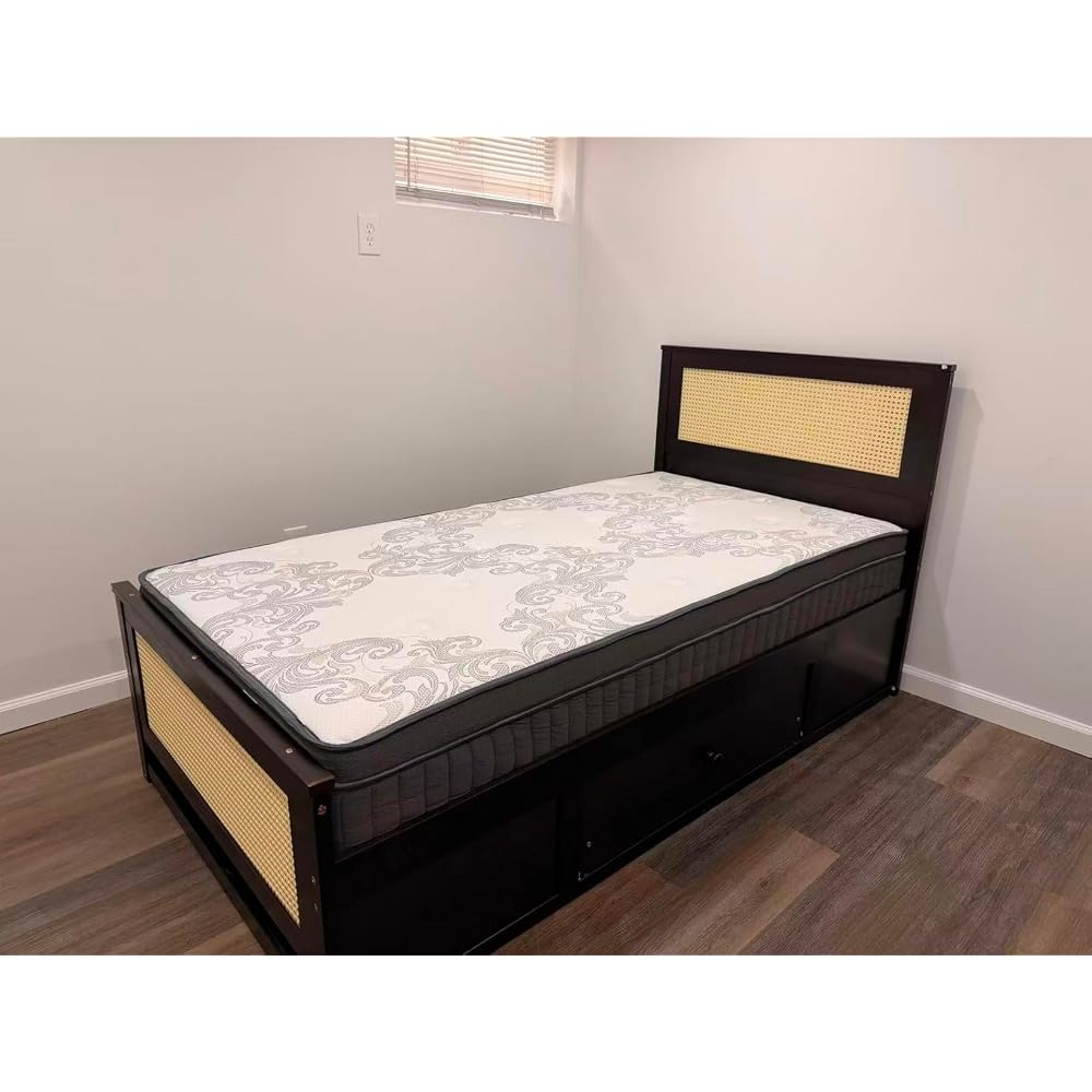GIANTEX Rattan Bed Frame with 2 Storage Drawers, Twin Size Boho Platform Beds w/Headboard & Footboard, Wood Mattress Foundation, Twin Bed Frames for Kids Adults, No Box Spring Needed (Espresso, Twin)