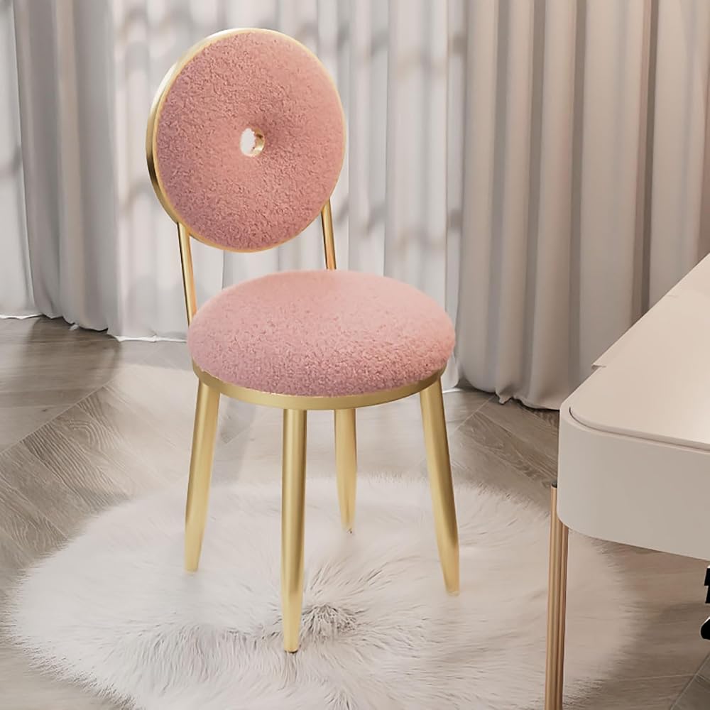 Vanity Chair for Makeup Room - Lambswool Vanity Stool Midcentury Modern Accent Chair with Backrest Velvet Chair with Gold Legs - for Living Room Bedroom (Color : Pink)