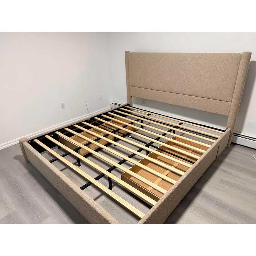 VELOCAVA Queen Lift Up Storage Bed Frame, 44.88" Tall Upholstered Headboard, Soft Rounded Corner Design, Bouclé Texture Platform Bed with Hydraulic Storage, No Box Spring Needed, Soft Beige