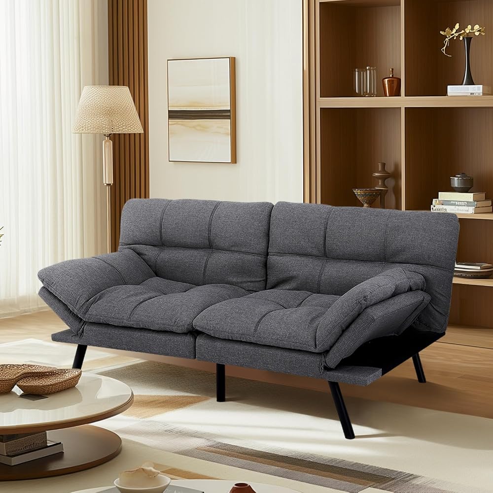 MUUEGM Futon Sofa Bed Couch,Convertible Futon Sofa Couch,Loveseat Sleeper Sofa Bed,Modern Sofa Bed for Living Room,Office,Apartment,71″Fabric Futon Couch with Adjustable Backrest,Grey