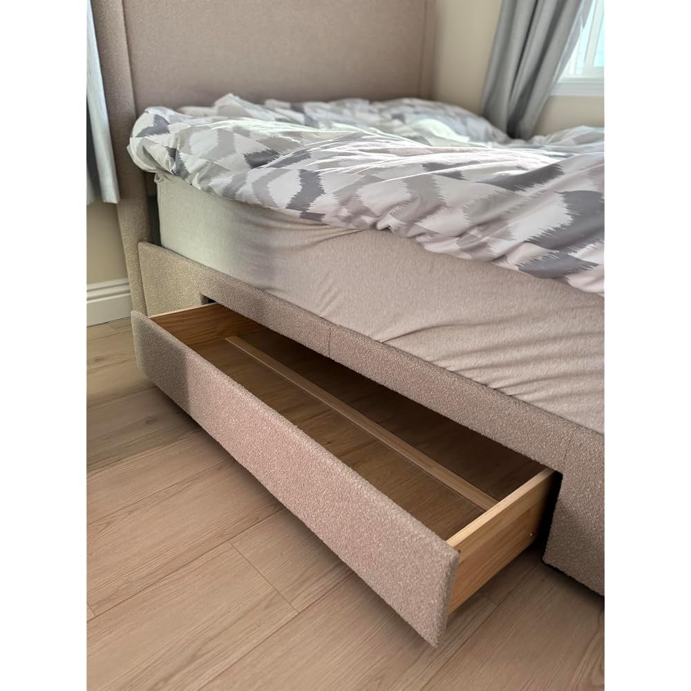 VELOCAVA Queen Lift Up Storage Bed Frame, 44.88" Tall Upholstered Headboard, Soft Rounded Corner Design, Bouclé Texture Platform Bed with Hydraulic Storage, No Box Spring Needed, Soft Beige