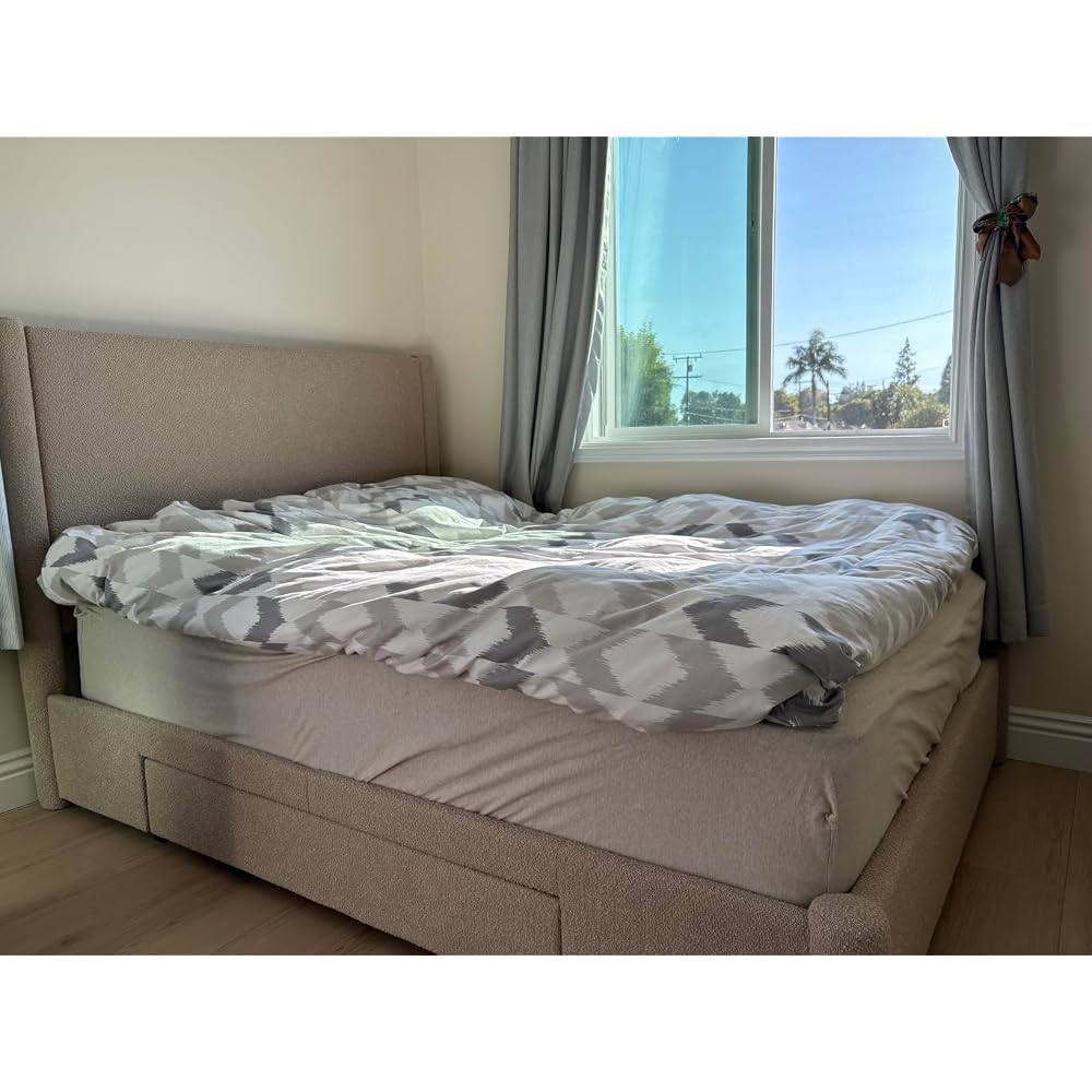 VELOCAVA Queen Lift Up Storage Bed Frame, 44.88" Tall Upholstered Headboard, Soft Rounded Corner Design, Bouclé Texture Platform Bed with Hydraulic Storage, No Box Spring Needed, Soft Beige