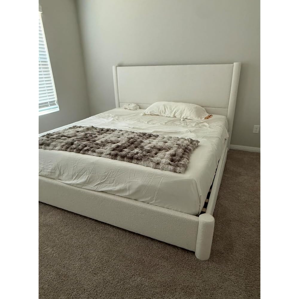 VELOCAVA Queen Lift Up Storage Bed Frame, 44.88" Tall Upholstered Headboard, Soft Rounded Corner Design, Bouclé Texture Platform Bed with Hydraulic Storage, No Box Spring Needed, Soft Beige