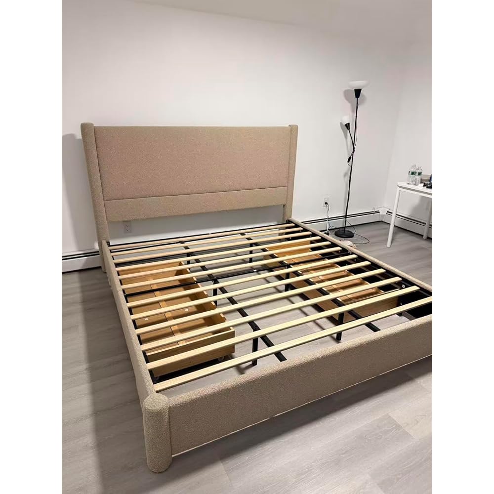 VELOCAVA Queen Lift Up Storage Bed Frame, 44.88" Tall Upholstered Headboard, Soft Rounded Corner Design, Bouclé Texture Platform Bed with Hydraulic Storage, No Box Spring Needed, Soft Beige